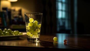 Fresh fruit cocktail in green glass indoors generated by AI photo