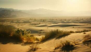 Tranquil sunrise over arid African sand dunes generated by AI photo