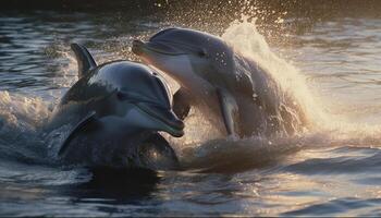 Playful dolphins jumping in the sparkling water generated by AI photo