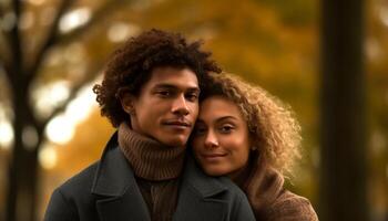 sonriente Pareja en otoño naturaleza, abrazando amor generado por ai foto