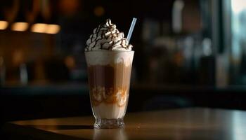 Frothy coffee drinks on table at cafe generated by AI photo