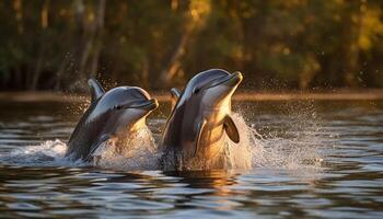 Playful dolphin splashing in the wet water generated by AI photo