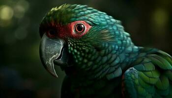 vibrante escarlata guacamayo encaramado en bosque rama generado por ai foto