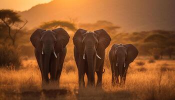 africano elefante manada roza en tranquilo sabana generado por ai foto