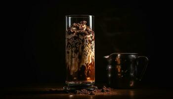 oscuro chocolate moca en rústico café bar generado por ai foto