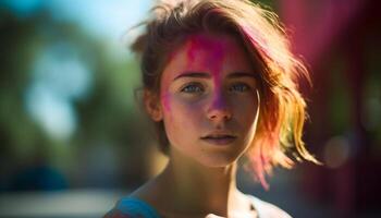 Smiling young women enjoying summer fun outdoors generated by AI photo