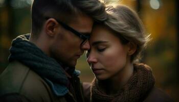 Smiling young couple embracing in autumn nature generated by AI photo