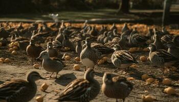 pequeño patitos en un fila, en pie en luz de sol generado por ai foto