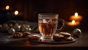 Sweet chocolate chip cookies and hot coffee generated by AI photo