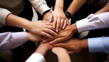 Multi ethnic team clasps hands in corporate success generated by AI photo