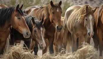 Stallion and mare graze in rural meadow generated by AI photo