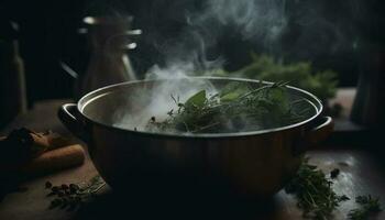 Healthy soup cooked on rustic wood fire generated by AI photo