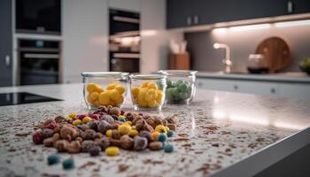 Healthy fruit bowl on modern kitchen table generated by AI photo