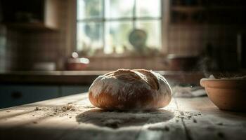 recién horneado orgánico un pan en rústico de madera mesa generado por ai foto
