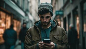 Caucasian man in hooded shirt texting on phone generated by AI photo