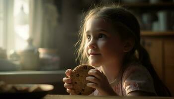 Cute Caucasian girl smiling, playing with cookie indoors generated by AI photo