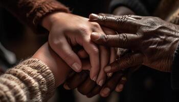 Hands clasped in unity, love and support generated by AI photo