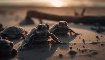 Cute turtle crawling on sandy coastline, slow movement generated by AI photo