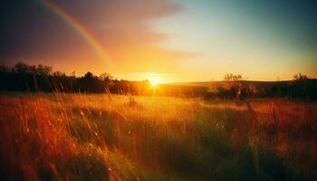 Sunrise over tranquil meadow, nature vibrant growth generated by AI photo