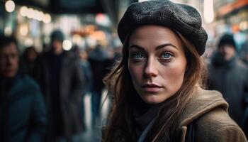 sonriente joven mujer en calentar invierno Moda generado por ai foto