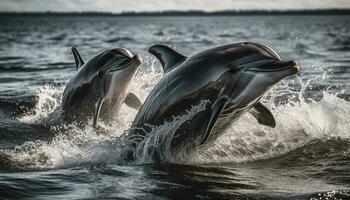juguetón delfines saltando y salpicaduras en agua generado por ai foto
