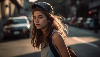 uno joven mujer, confidente y de moda, sonriente generado por ai foto