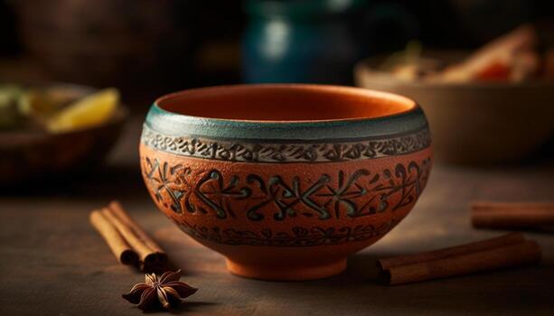 rústico arcilla cerámica adorna el de madera mesa generado por ai foto