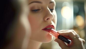 Beautiful woman applying lipstick, exuding sensuality and glamour generated by AI photo