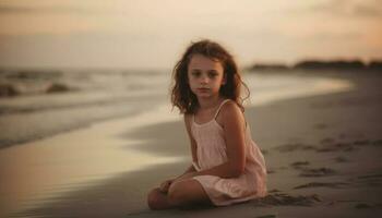 Smiling girl enjoys carefree summer vacation by water generated by AI photo