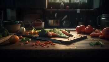 Fresh organic vegetables on rustic wooden table generated by AI photo