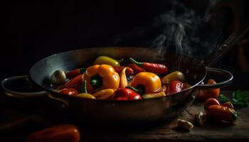 Fresh vegetables sizzle in cast iron pan generated by AI photo