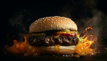 Flame grilled burger with melted cheddar cheese generated by AI photo