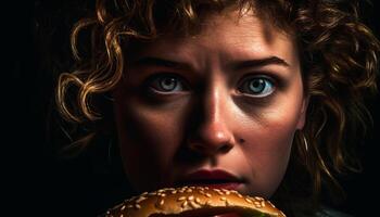 Curly haired woman smiles holding unhealthy cheeseburger meal generated by AI photo