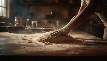 Freshly baked bread on rustic wooden table generated by AI photo