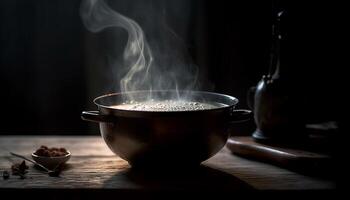 Steaming hot soup on rustic wooden table generated by AI photo