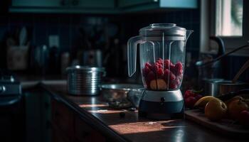 Fresh fruit smoothie made with electric blender generated by AI photo