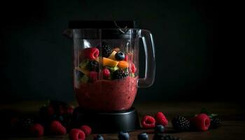 Refreshing berry smoothie in rustic wooden bowl generated by AI photo