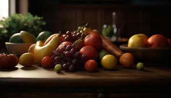 Fresh, organic fruits and veggies on rustic table generated by AI photo