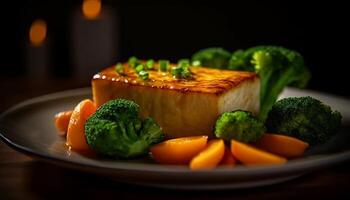 Grilled broccoli and carrot plate, healthy lunch option generated by AI photo