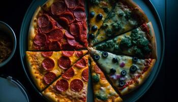 A gourmet pizza slice baked with freshness generated by AI photo