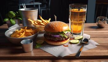 Grilled cheeseburger and fries, a classic meal generated by AI photo