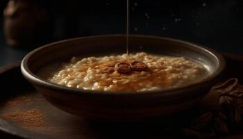 A gourmet oatmeal meal cooked with organic milk, honey, and fruit generated by AI photo