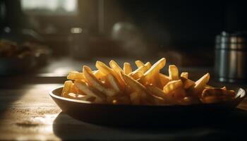 Crunchy French fries, hot and fresh, indoors generated by AI photo