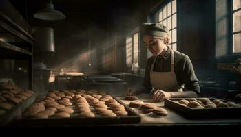 Caucasian baker kneading dough for homemade bread generated by AI photo