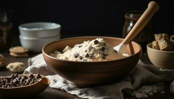 A homemade dessert on a rustic table generated by AI photo