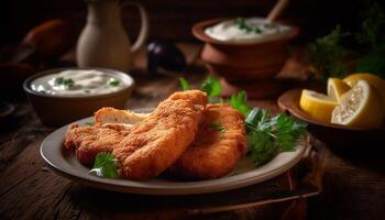 A rustic plate of deep fried seafood fillet generated by AI photo