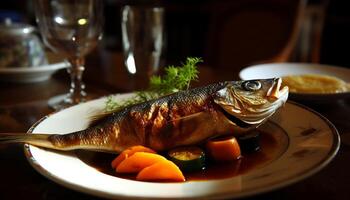 A la parrilla Mariscos filete en un cama de verduras generado por ai foto