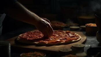 hecho a mano gastrónomo Pizza horneado en rústico pizzería generado por ai foto