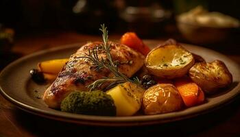 Grilled steak and vegetables on rustic plate generated by AI photo