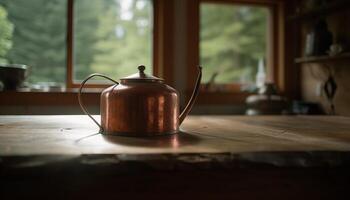 Hot tea in old fashioned kitchen warms home generated by AI photo